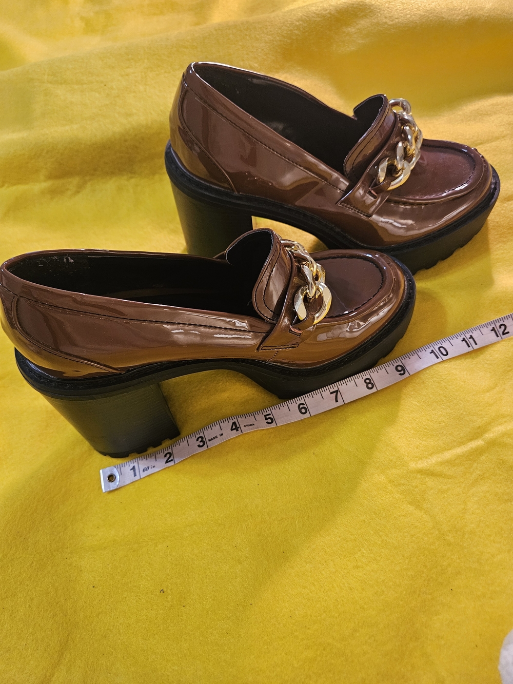 Madden Girl Brown Patent Block Heel Loafers with Gold Chain - Picture 5 of 6